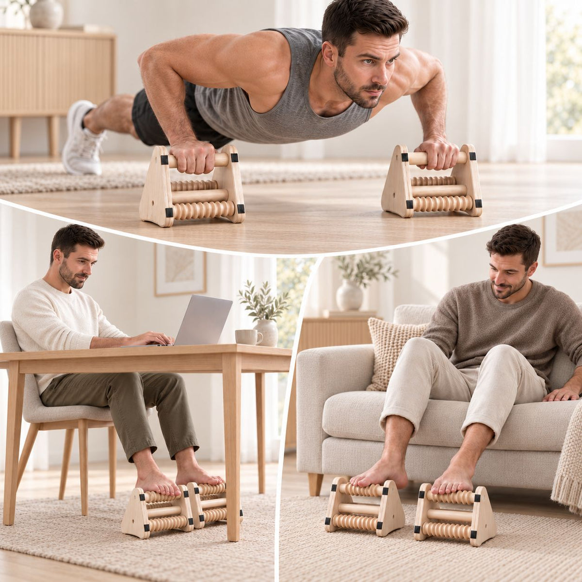 2-in-1 Wood Parallettes Push-up Bar Dip Station with Massage Bars - CleverWood