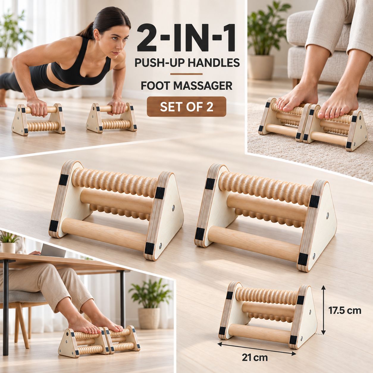 2-in-1 Wood Parallettes Push-up Bar Dip Station with Massage Bars - CleverWood