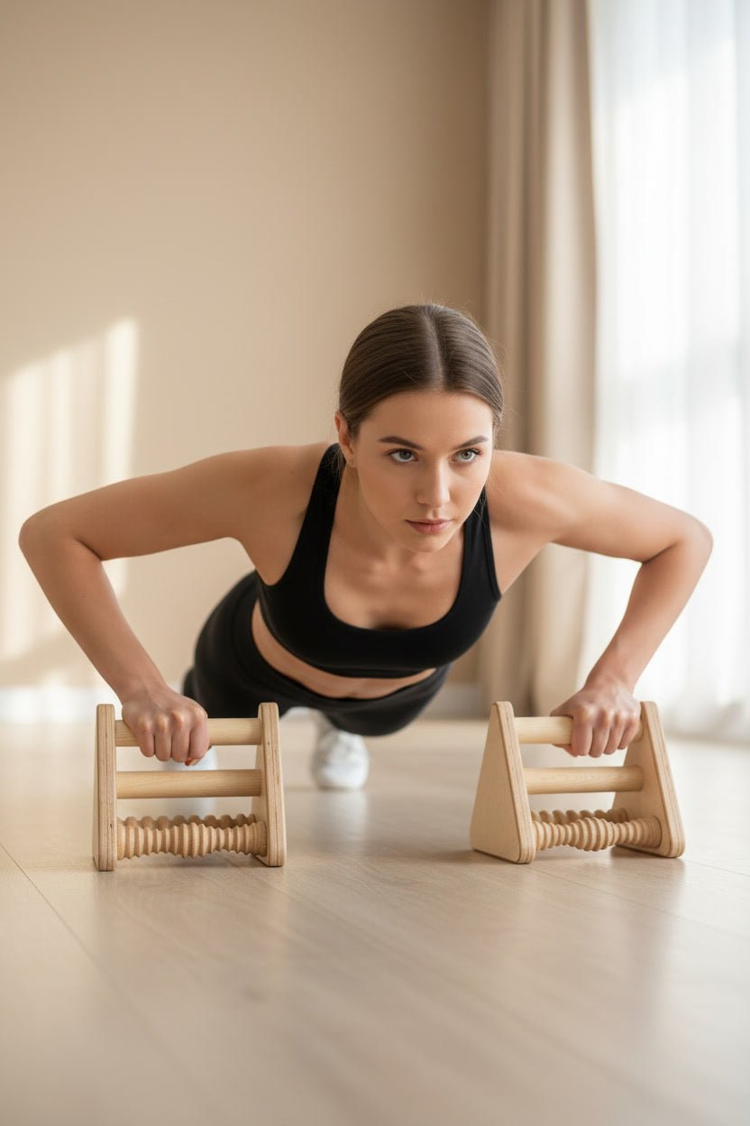 2-in-1 Wood Parallettes Push-up Bar Dip Station with Massage Bars - CleverWood
