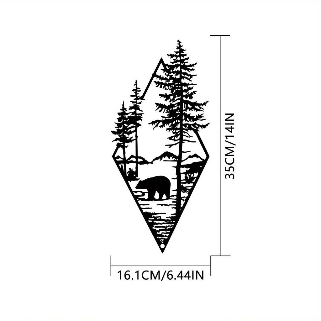 Geometric Bear Forest Metal Wall Art – Mountain Scene with Trees & Wildlife | Rustic Wall Hanging for Cabin, Living Room, Nature Lovers