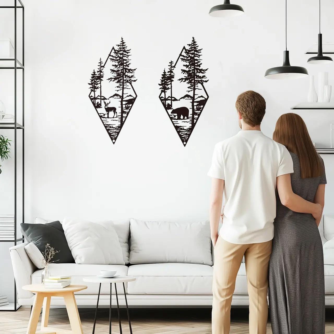 Geometric Bear Forest Metal Wall Art – Mountain Scene with Trees & Wildlife | Rustic Wall Hanging for Cabin, Living Room, Nature Lovers