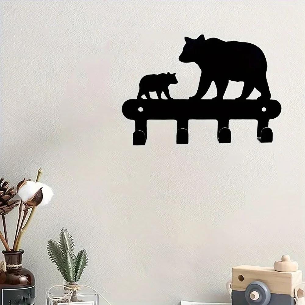 Bear Family Wall Hook – Rustic Metal Key and Towel Holder | Mama Bear & Cub Silhouette | Cabin Decor, Nursery Wall Organizer, Nature Gift