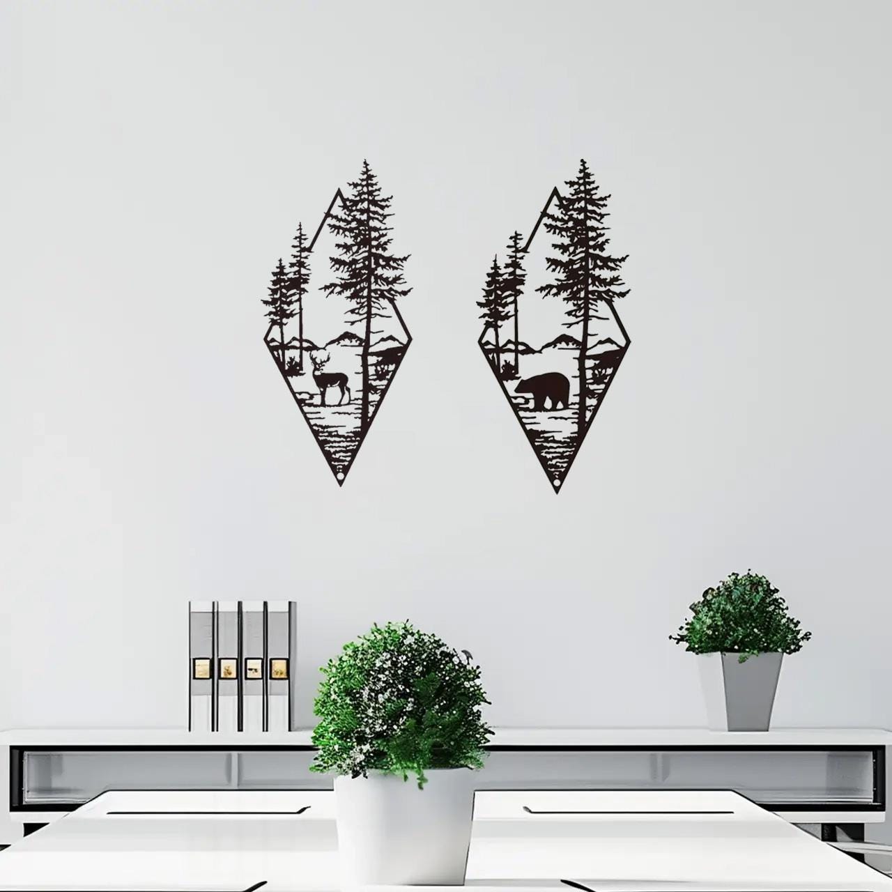 Geometric Bear Forest Metal Wall Art – Mountain Scene with Trees & Wildlife | Rustic Wall Hanging for Cabin, Living Room, Nature Lovers