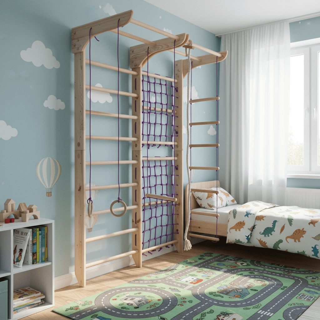 Indoor Gym Set with climbing net, pull up bar and rope attachments - CleverWood