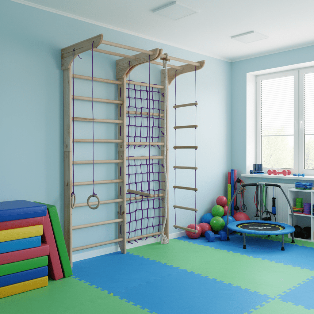 Indoor Gym Set with climbing net, pull up bar and rope attachments - CleverWood