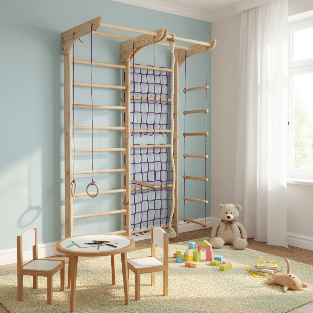 Indoor Gym Set with climbing net, pull up bar and rope attachments - CleverWood
