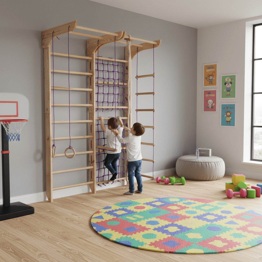 Indoor Gym Set with climbing net, pull up bar and rope attachments - CleverWood