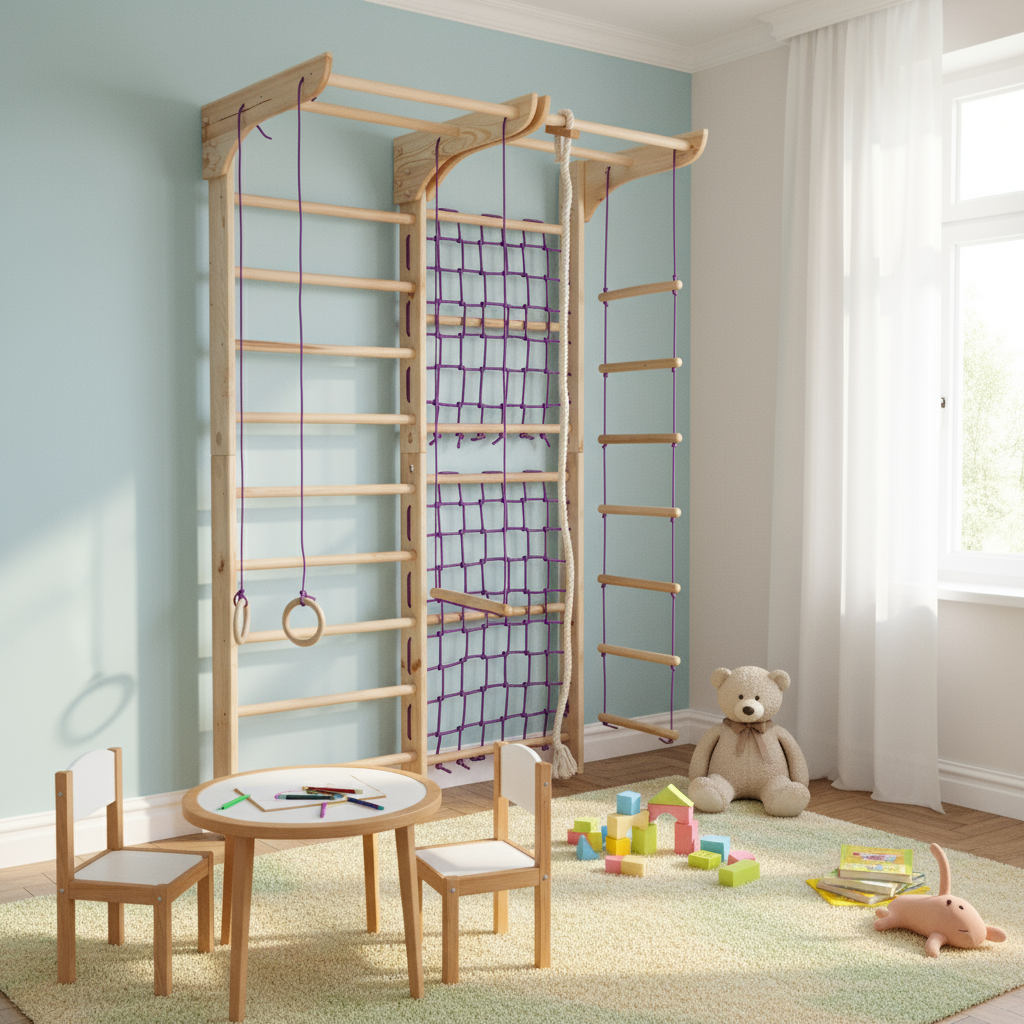 Indoor Gym Set with climbing net, pull up bar and rope attachments