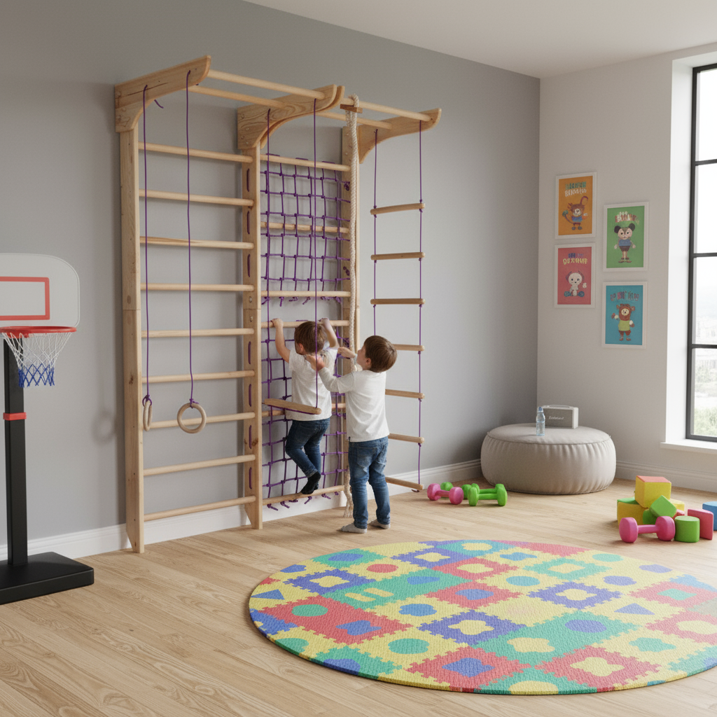 Indoor Gym Set with climbing net, pull up bar and rope attachments