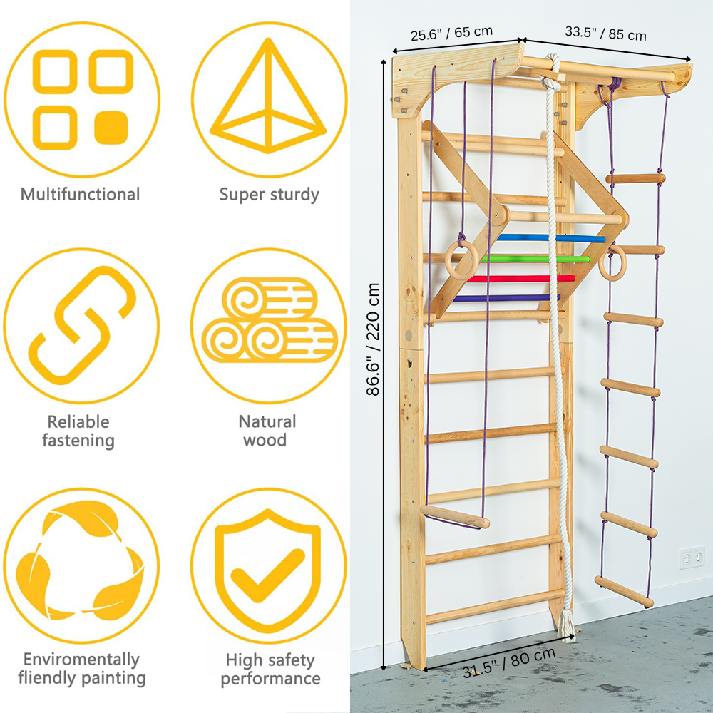 Sport ladder made of natural wood for kids and adults with Pull Up Bar, Rope Attachments and Triangle