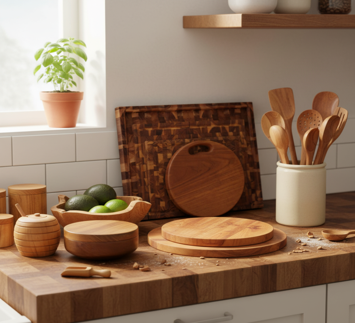 Wooden kitchen utensils and cutting boards on a countertop with a window and shelves in the background.