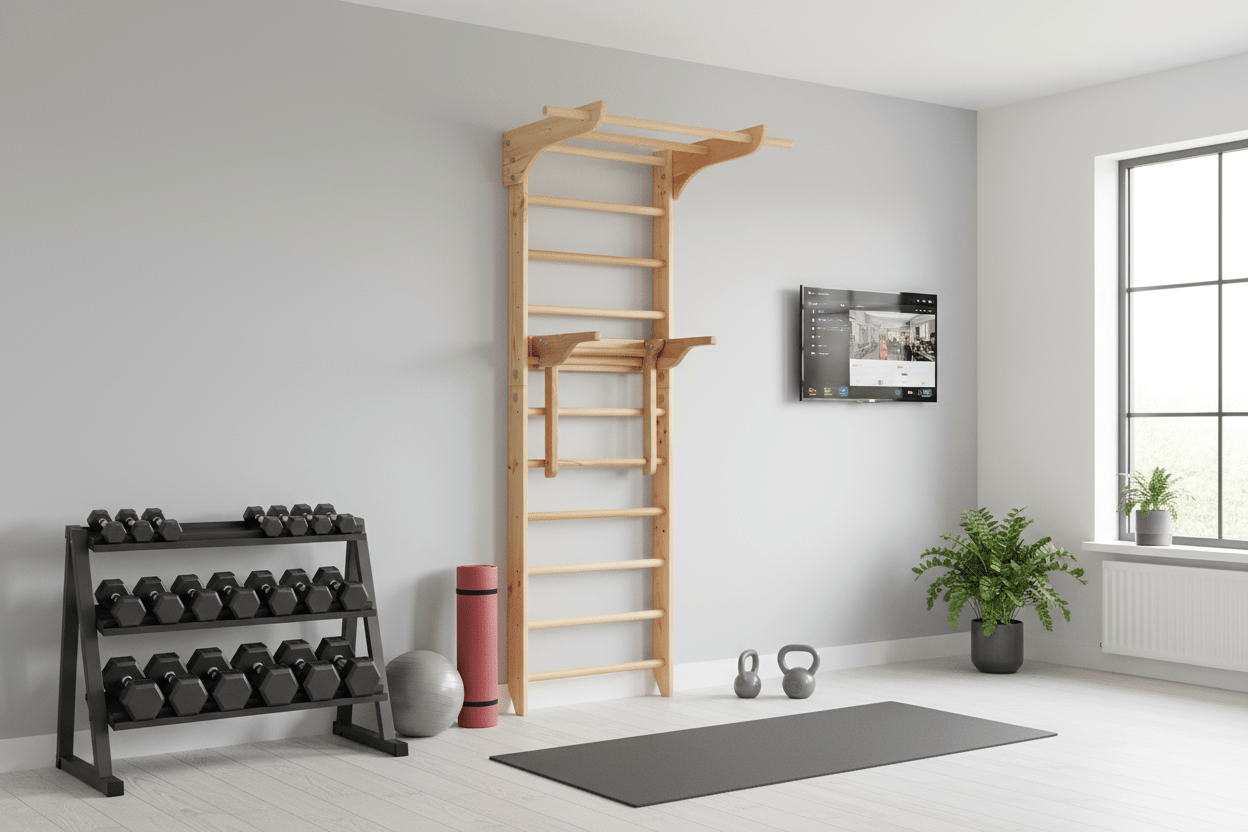 Robust Swedish Ladder/Stall Bar with Wide Pull - Up and Dip Bars - CleverWood