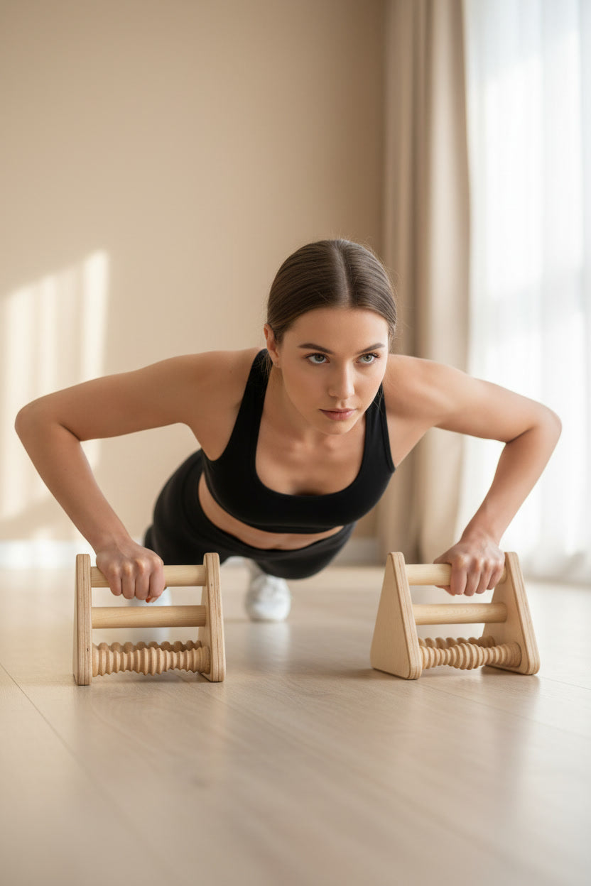 2-in-1 Wood Parallettes Push-up Bar Dip Station with Massage Bars