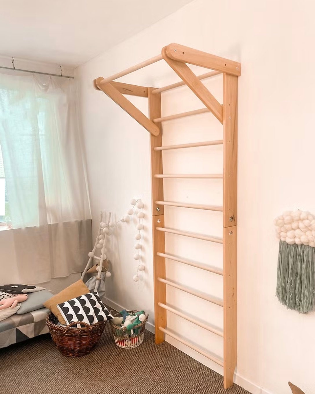 Wooden Ladder with fixed pull - up bar for kids and adults - Stall Bars for home exercises - CleverWood