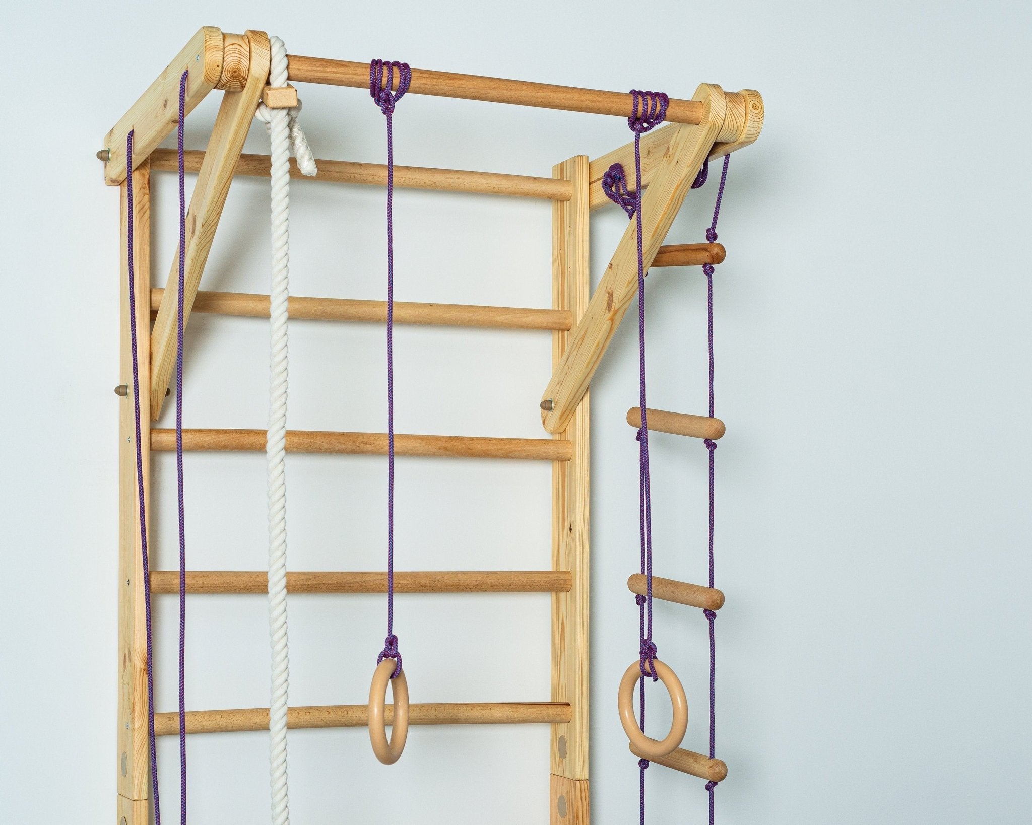 Wooden Wall stall bars with fixed pull up bar and rope attachments - CleverWood