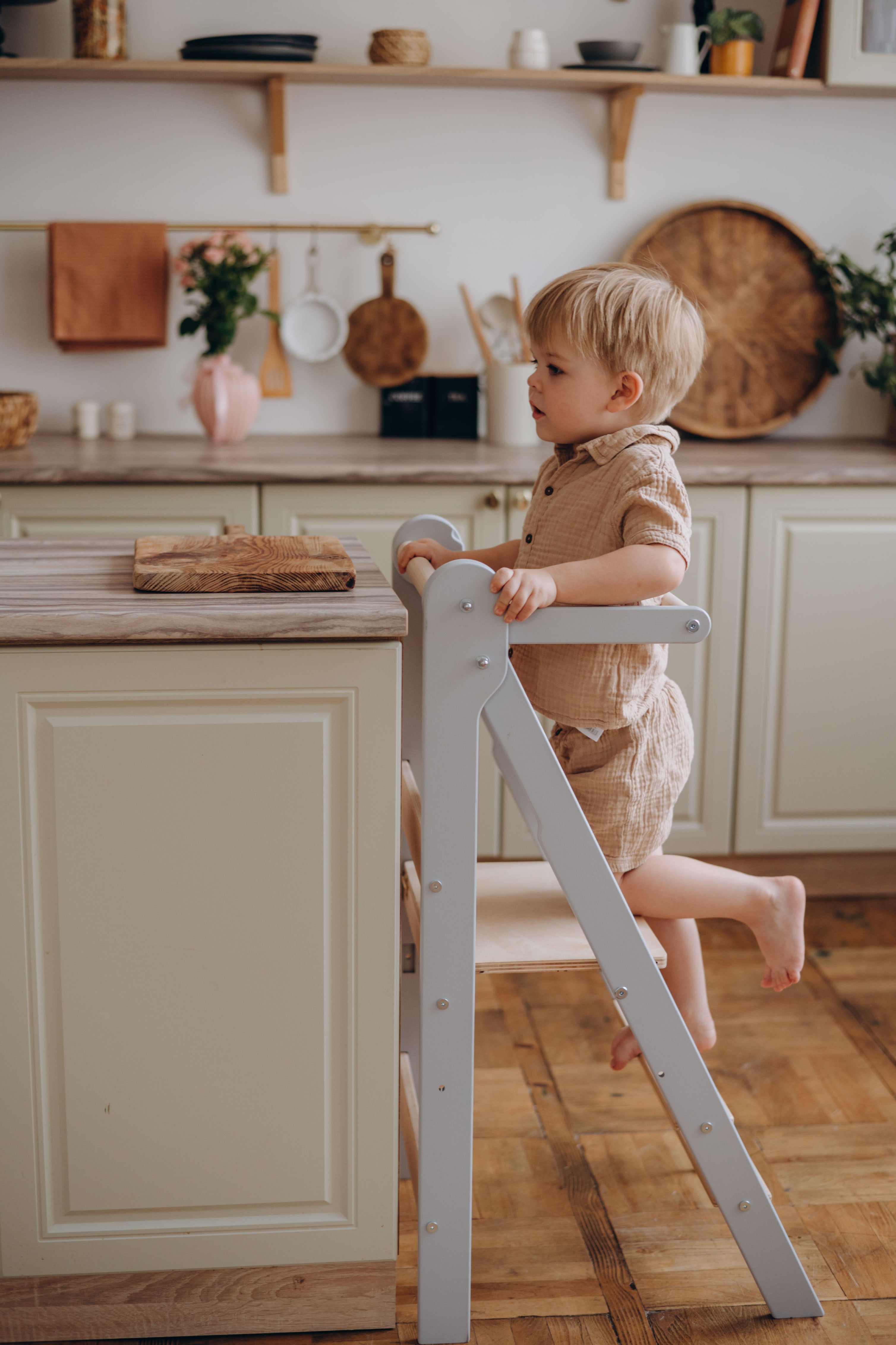 Folding Helper Tower – Wooden Toddler Kitchen Tower with Safety Rail - Step Stool