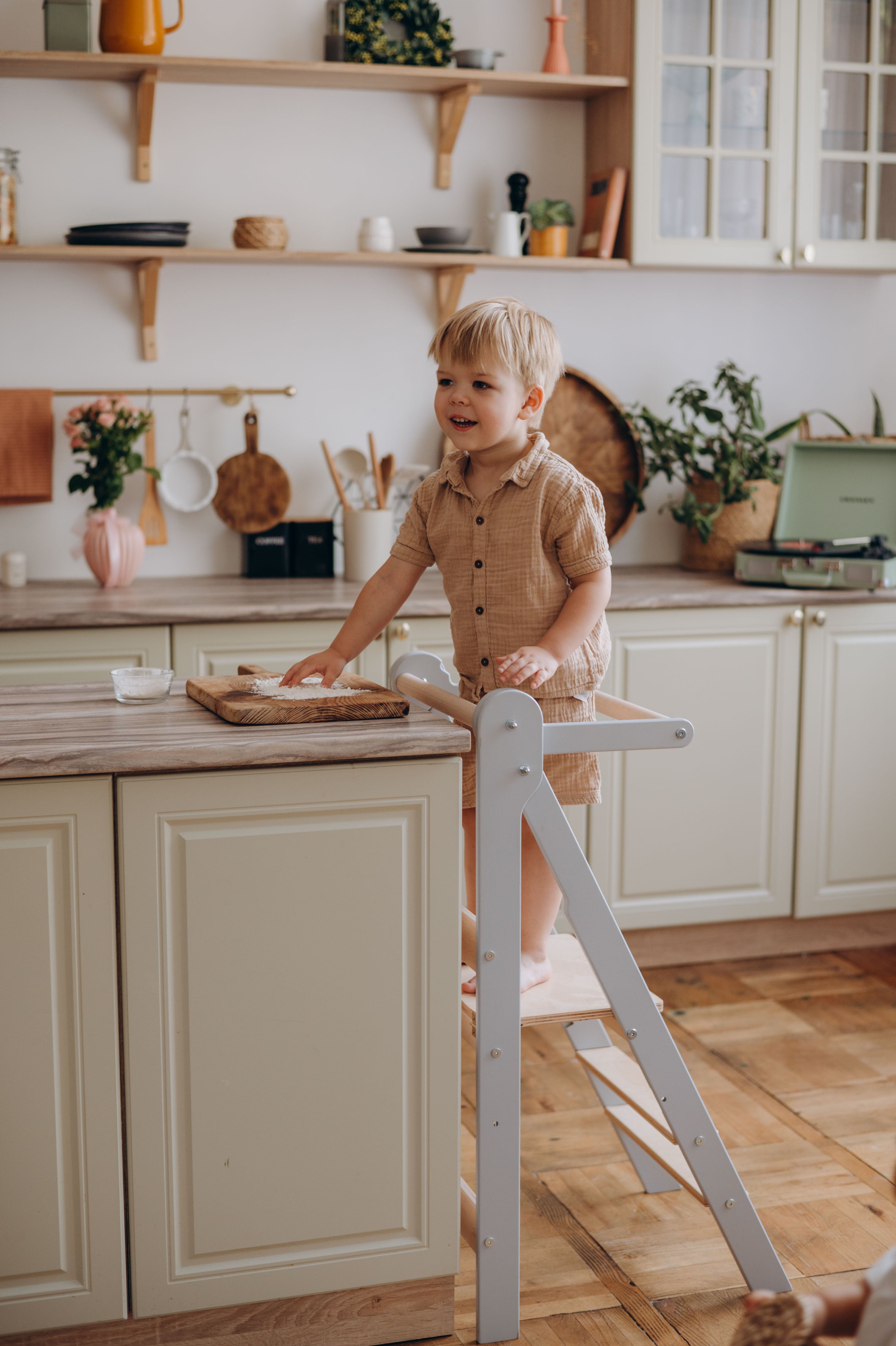 Folding Helper Tower – Wooden Toddler Kitchen Tower with Safety Rail - Step Stool