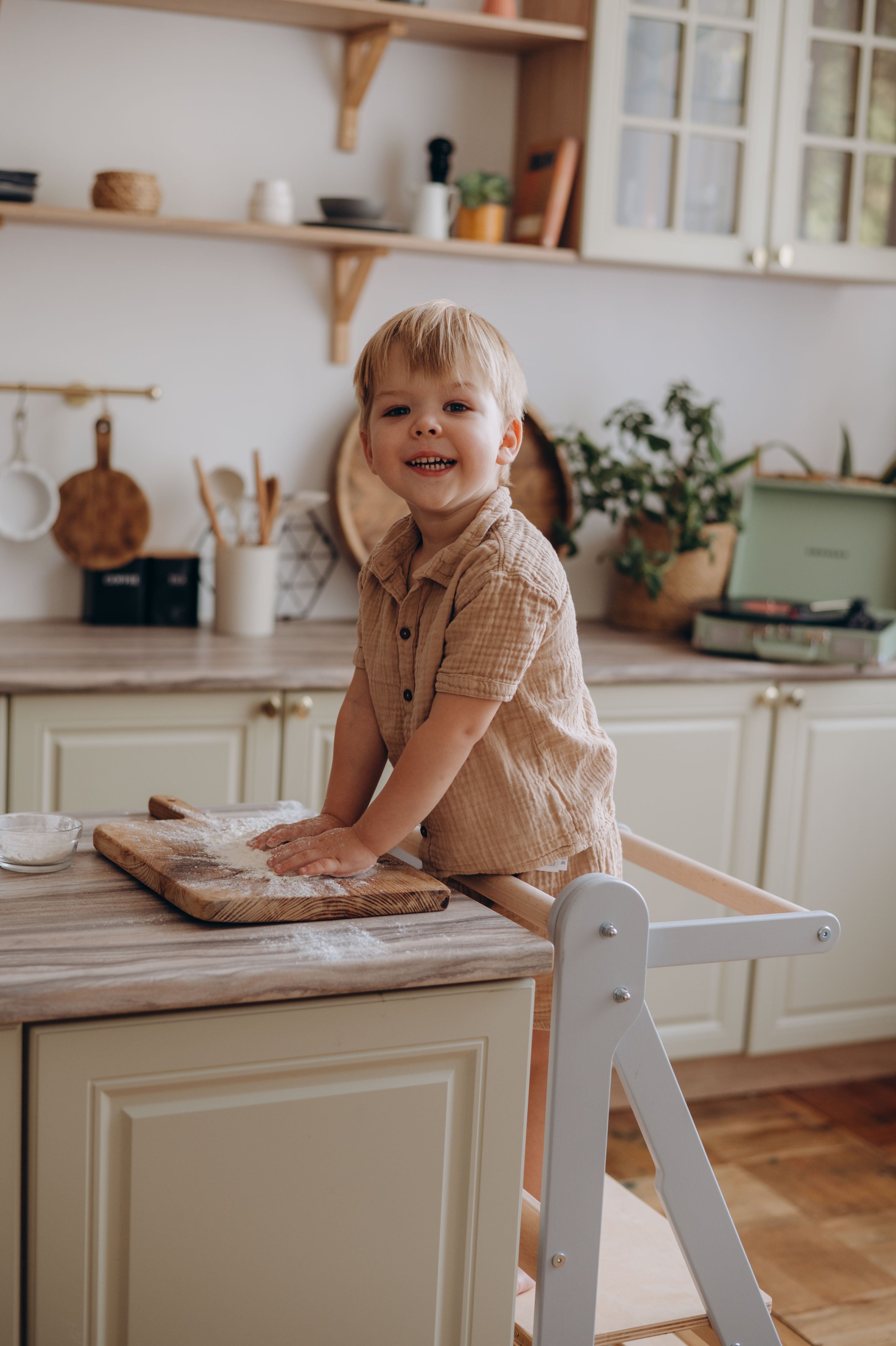 Folding Helper Tower – Wooden Toddler Kitchen Tower with Safety Rail - Step Stool