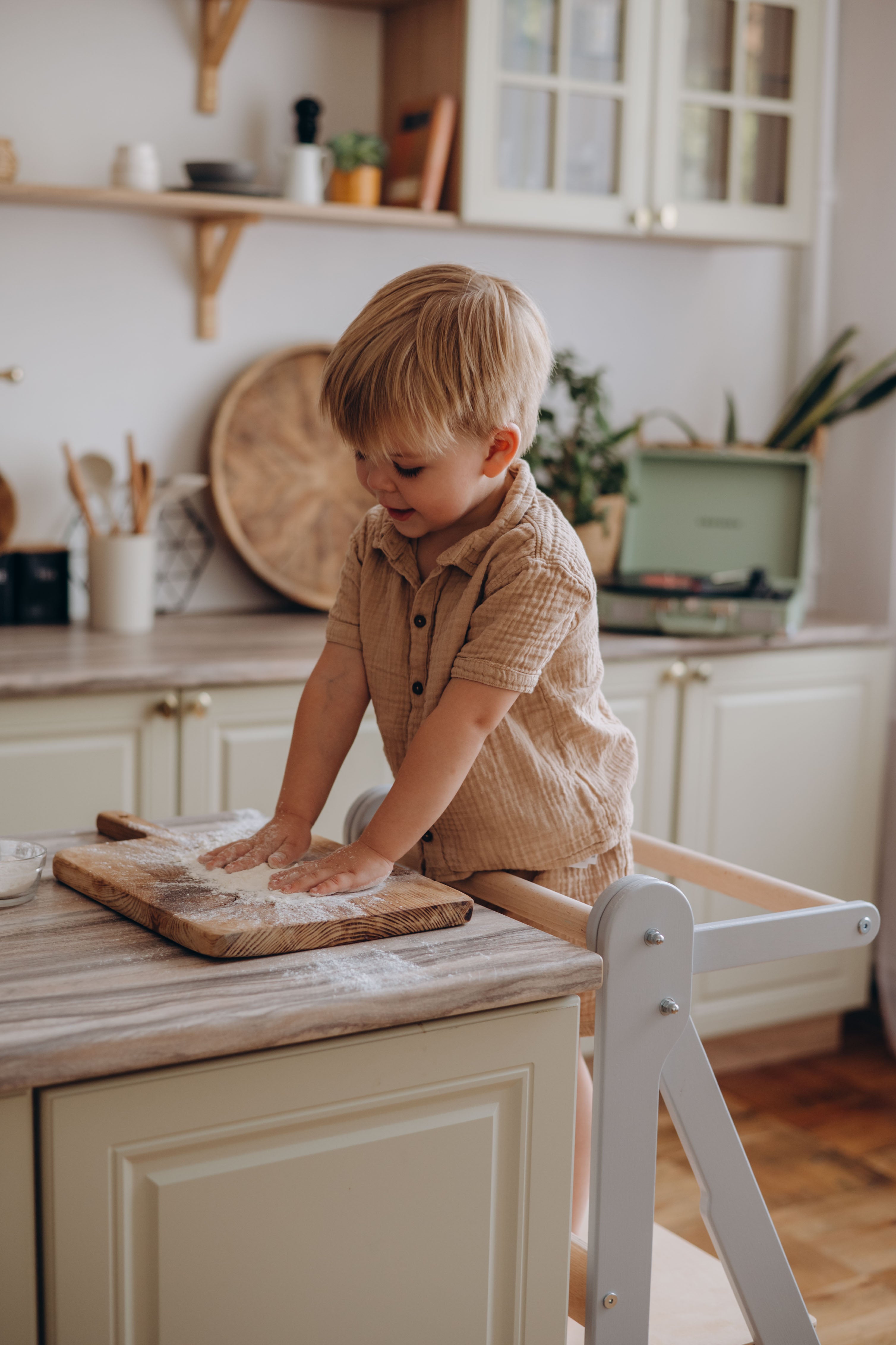 Folding Helper Tower – Wooden Toddler Kitchen Tower with Safety Rail - Step Stool