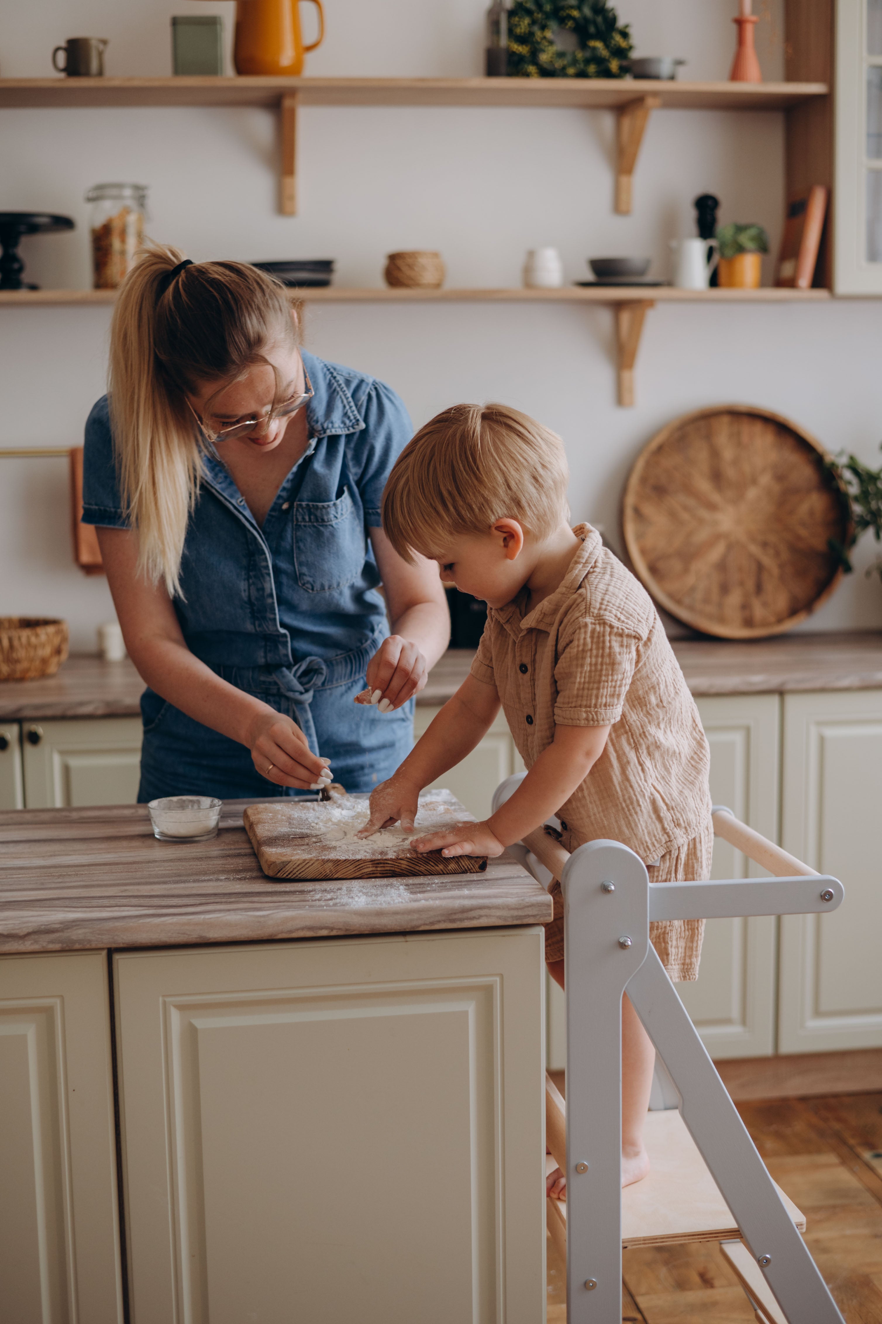 Folding Helper Tower – Wooden Toddler Kitchen Tower with Safety Rail - Step Stool