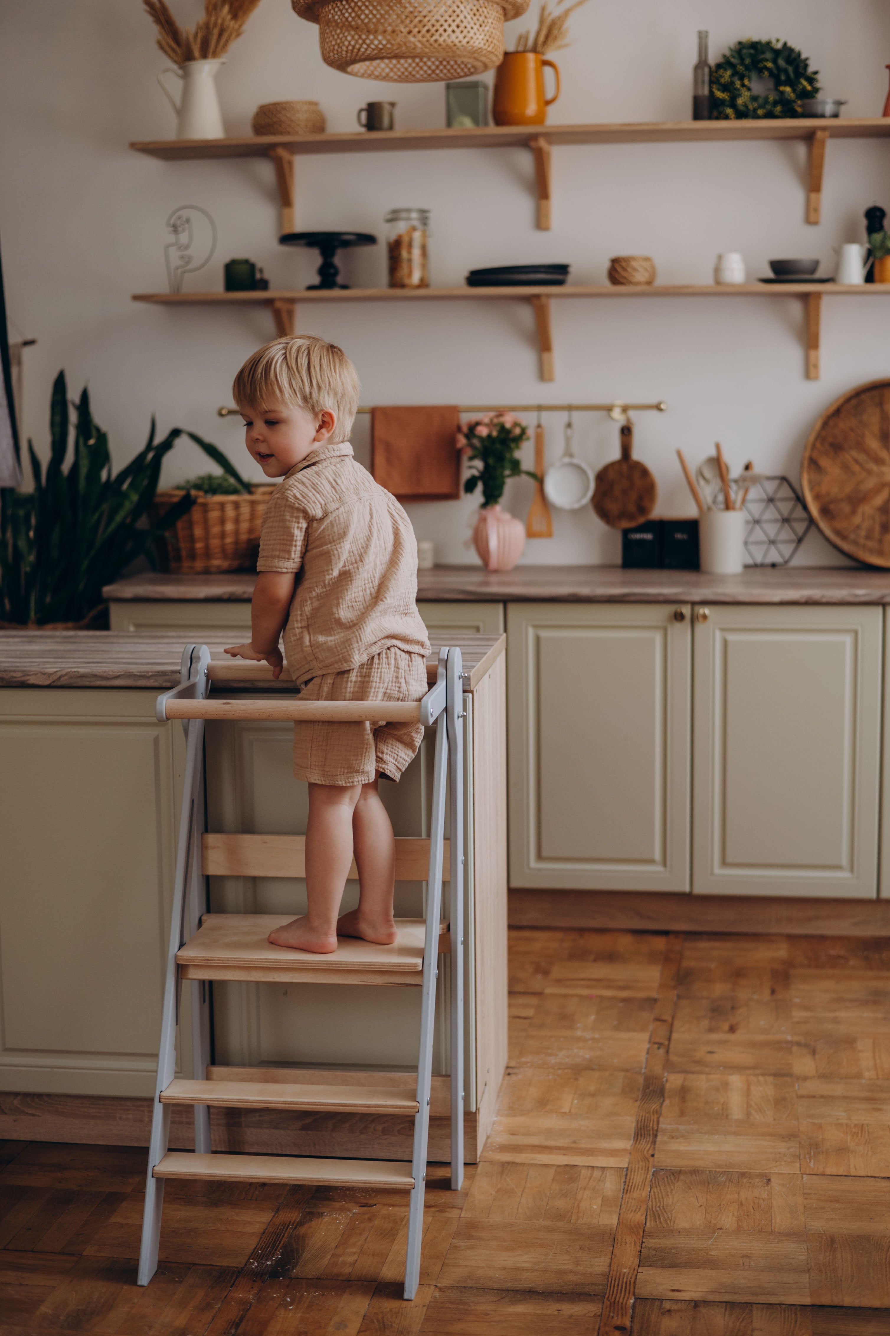 Folding Helper Tower – Wooden Toddler Kitchen Tower with Safety Rail - Step Stool