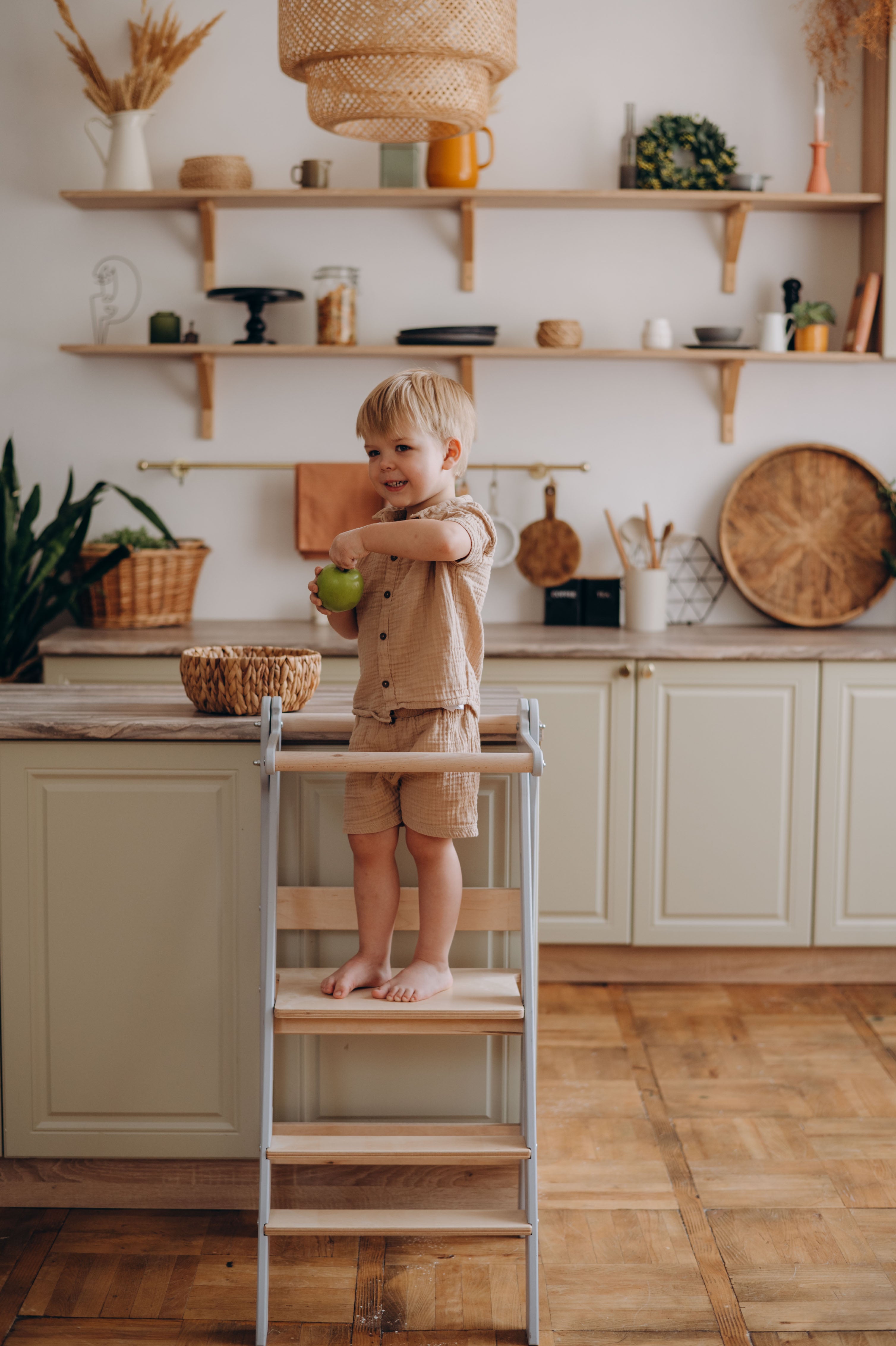 Folding Helper Tower – Wooden Toddler Kitchen Tower with Safety Rail - Step Stool