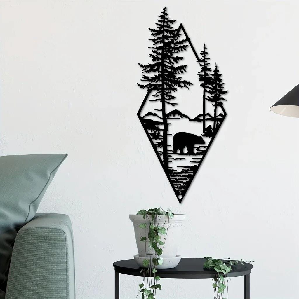 Geometric Bear Forest Metal Wall Art – Mountain Scene with Trees & Wildlife | Rustic Wall Hanging for Cabin, Living Room, Nature Lovers