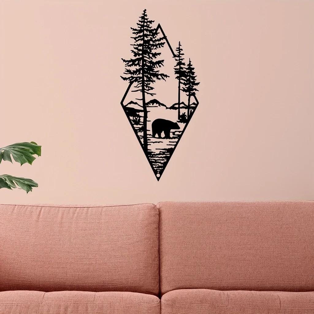Geometric Bear Forest Metal Wall Art – Mountain Scene with Trees & Wildlife | Rustic Wall Hanging for Cabin, Living Room, Nature Lovers