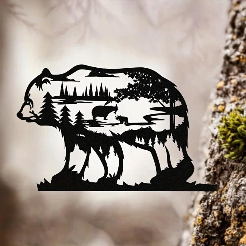 Bear Tree Topper – Metal Forest Silhouette Peak | Mama Bear & Cub Nature Scene | Rustic Tree Decoration for Yard, Fence, or Cabin