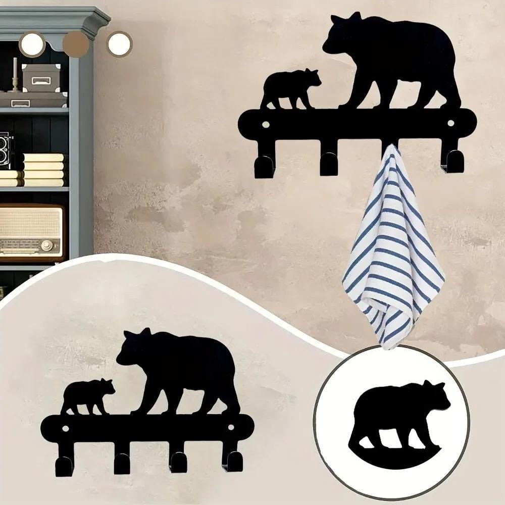 Bear Family Wall Hook – Rustic Metal Key and Towel Holder | Mama Bear & Cub Silhouette | Cabin Decor, Nursery Wall Organizer, Nature Gift