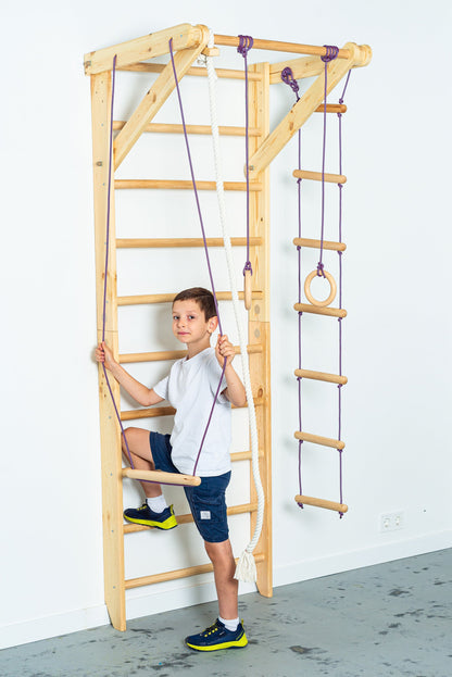 Wooden Wall stall bars with fixed pull up bar and rope items. Home exercises for kids and adults