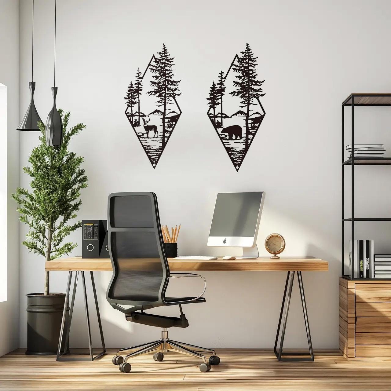 Rustic Forest Animal Metal Wall Art – Set of 2 | Deer & Bear Nature Scene | Mountain Cabin Wall Decor | Steel Home Accent