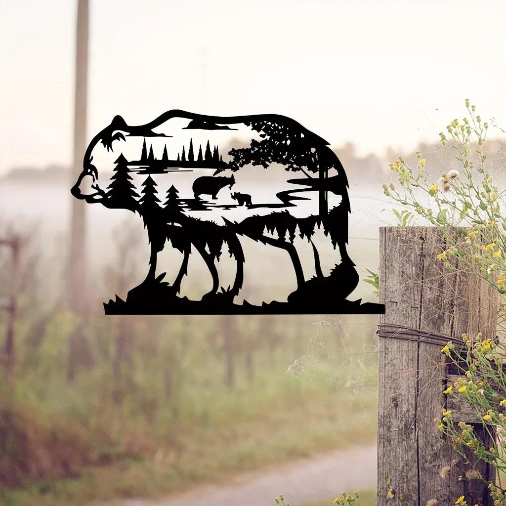 Bear Tree Topper – Metal Forest Silhouette Peak | Mama Bear & Cub Nature Scene | Rustic Tree Decoration for Yard, Fence, or Cabin
