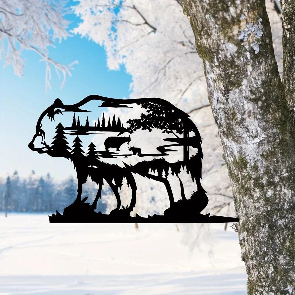 Bear Tree Topper – Metal Forest Silhouette Peak | Mama Bear & Cub Nature Scene | Rustic Tree Decoration for Yard, Fence, or Cabin