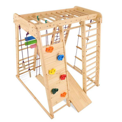 Outdoor Wooden Playground for Kids - Clibming Panel - Monkey Bar with Rope Attachments