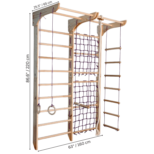 Indoor Gym Set with climbing net, pull up bar and rope attachments - CleverWood