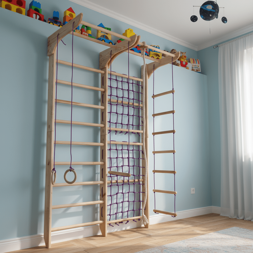 Indoor Gym Set with climbing net, pull up bar and rope attachments - CleverWood