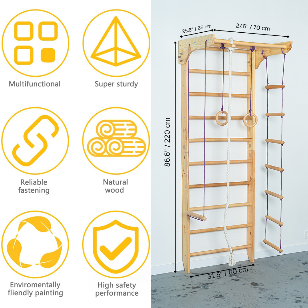 Sport Ladder with Fixed Pull-up bar and Rope Swing Attachments for Home, Yoga club, School - Wall Stall Bars for Body Exercises