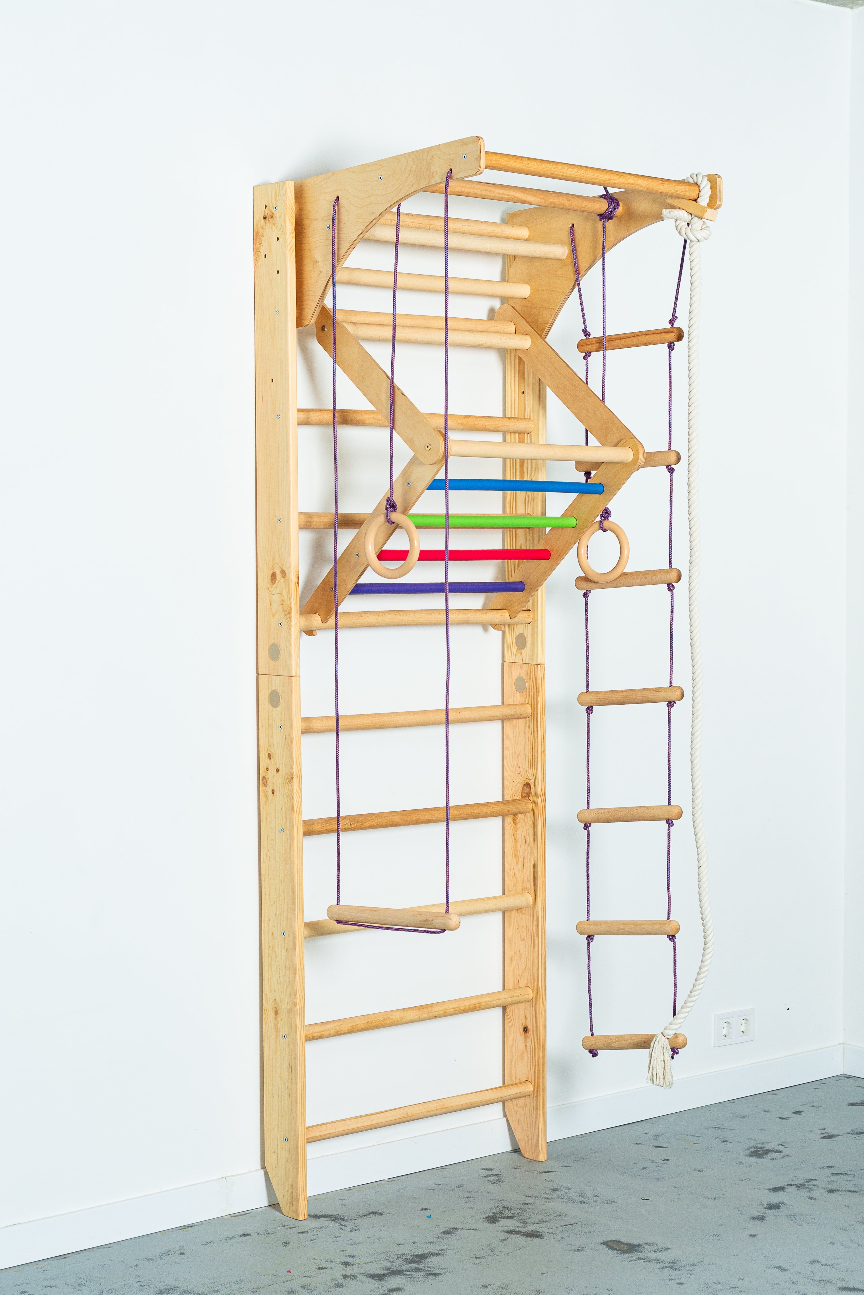 Sport ladder made of natural wood for kids and adults with Pull Up Bar, Rope Attachments and Triangle