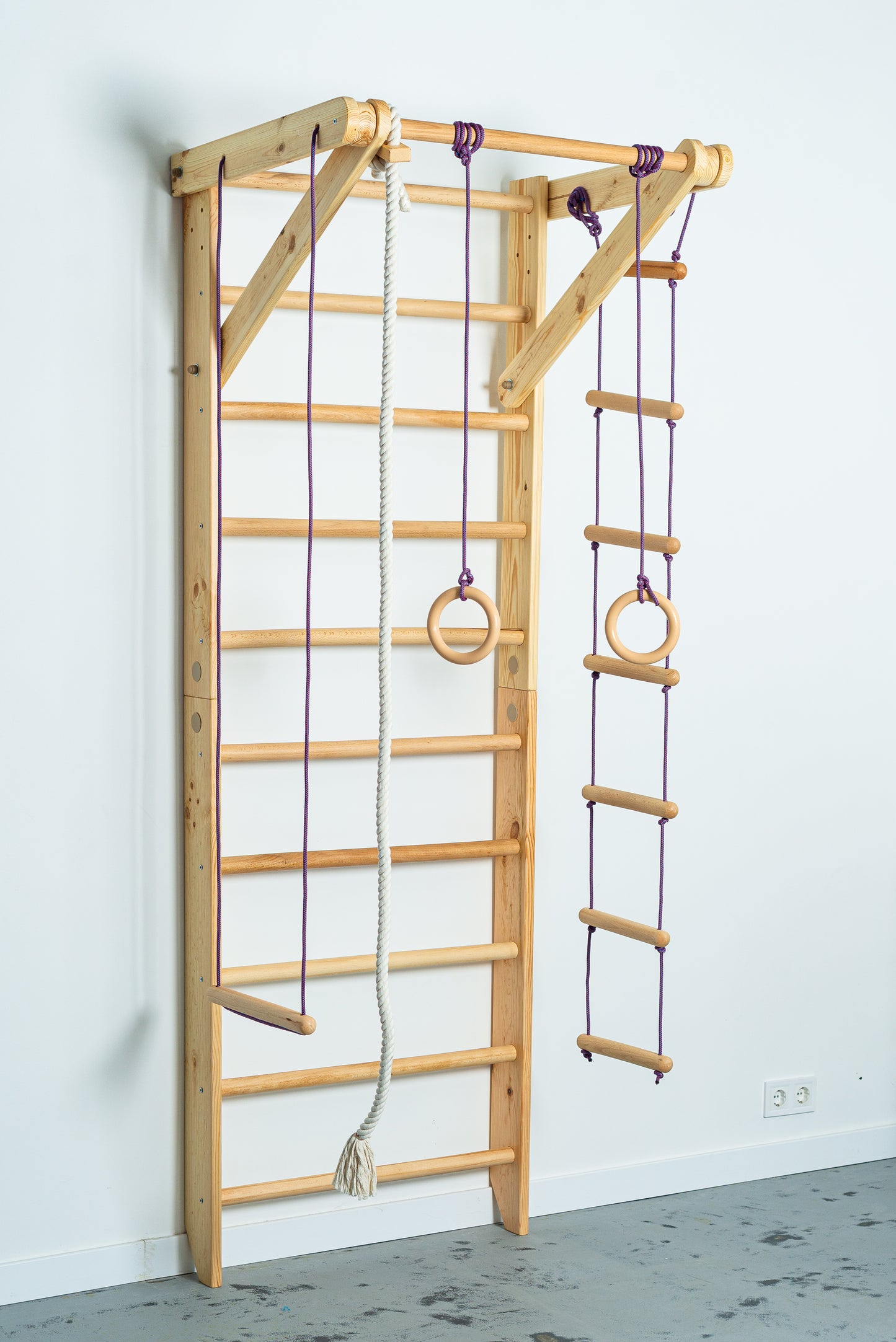 Wooden Wall stall bars with fixed pull up bar and rope items. Home exercises for kids and adults