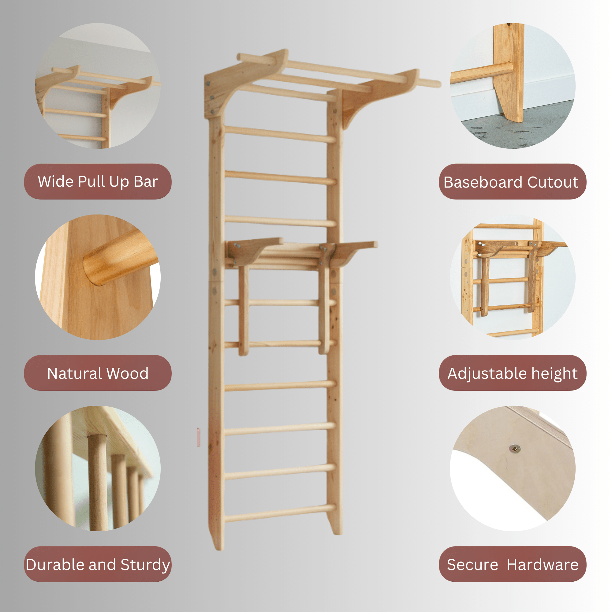 Robust Swedish Ladder/Stall Bar with Wide Pull-Up and Dip Bars - CleverWood