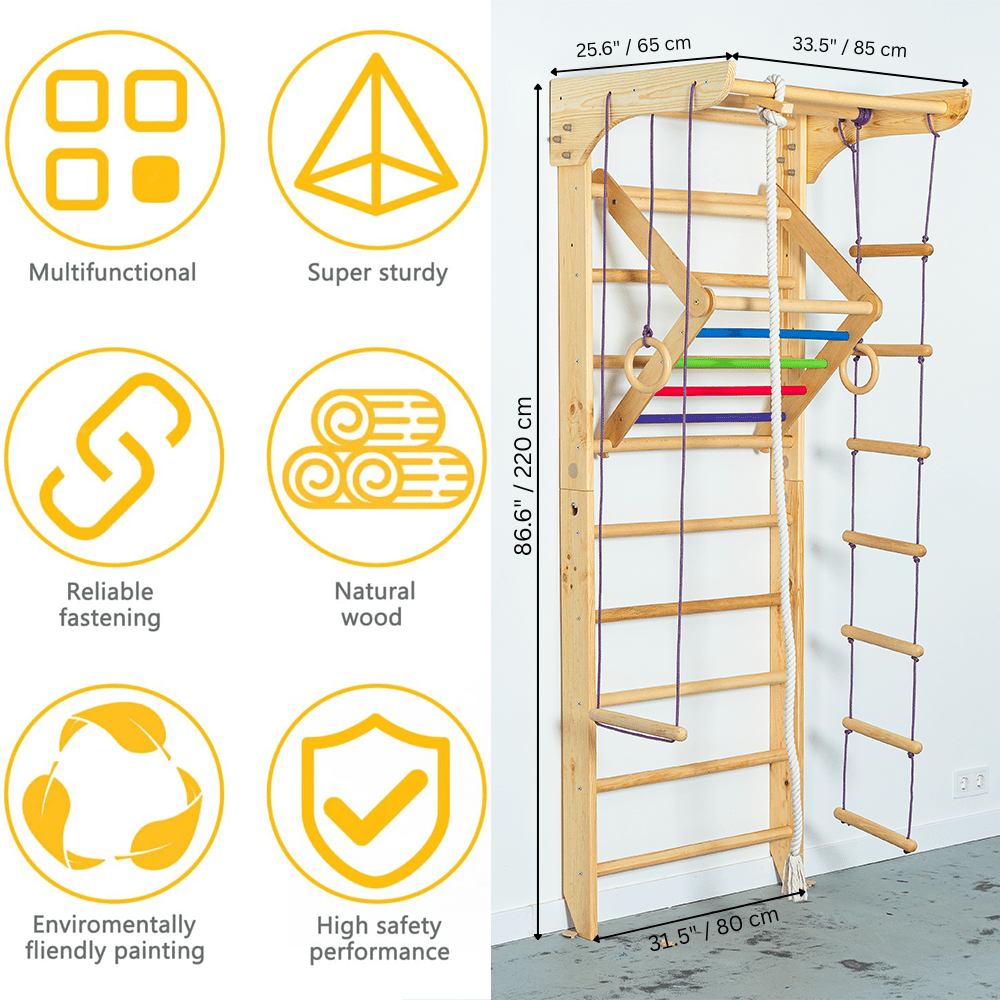 Sport ladder made of natural wood for kids and adults with Pull Up Bar, Rope Attachments and Triangle - CleverWood