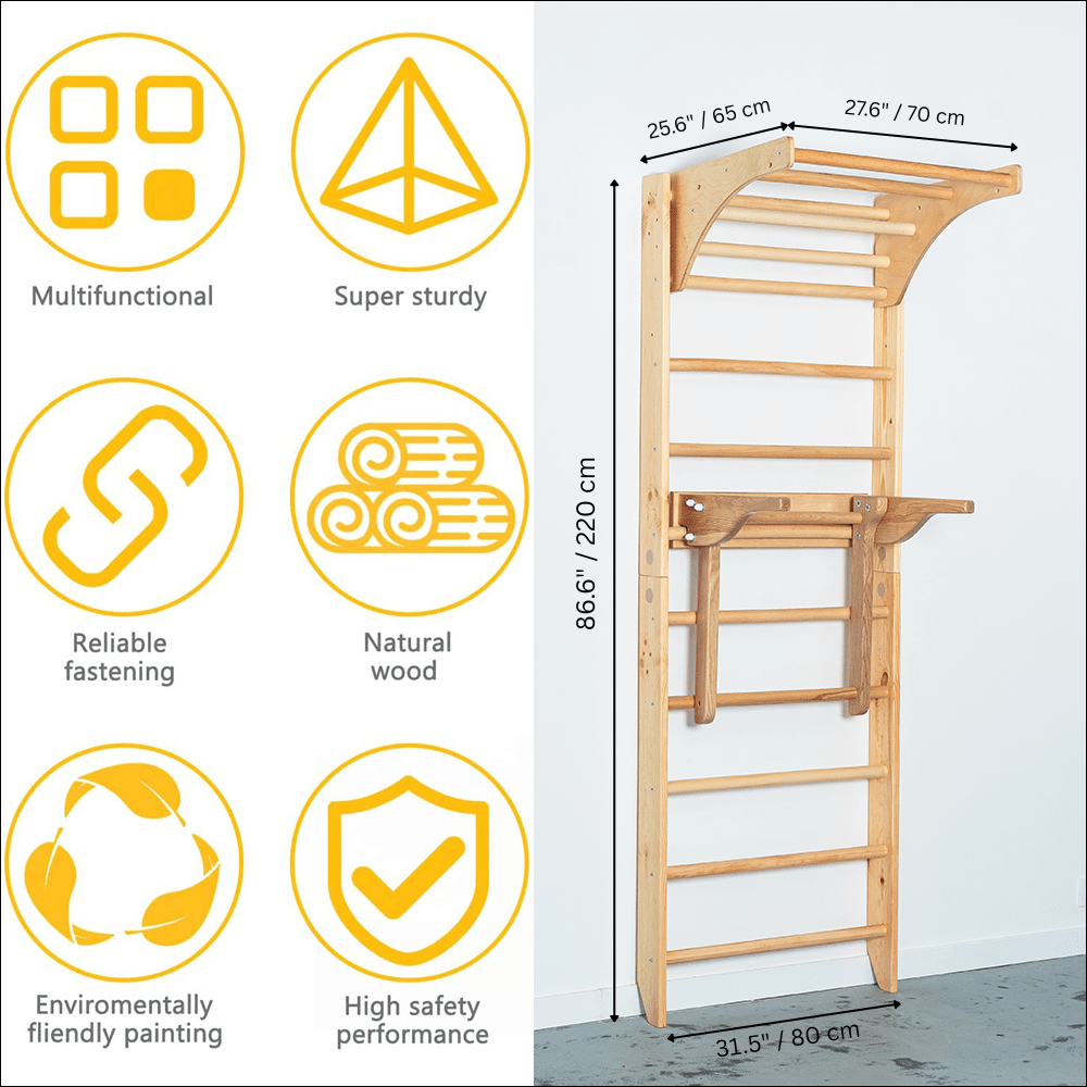Wall Stall Bar with Adjustable Pull up bar, Dip bar and Rope Add - ons - CleverWood