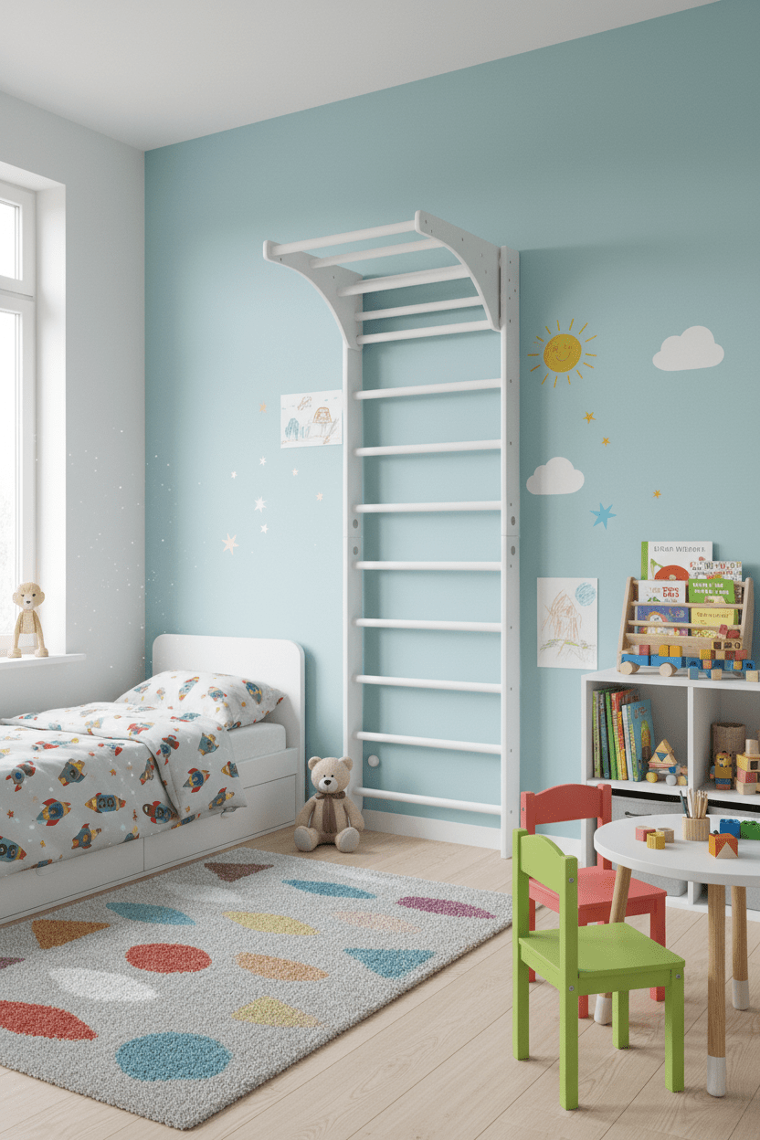 White Swedish Sport Ladder with Adjustable Pull - up bar for Home exercises - CleverWood