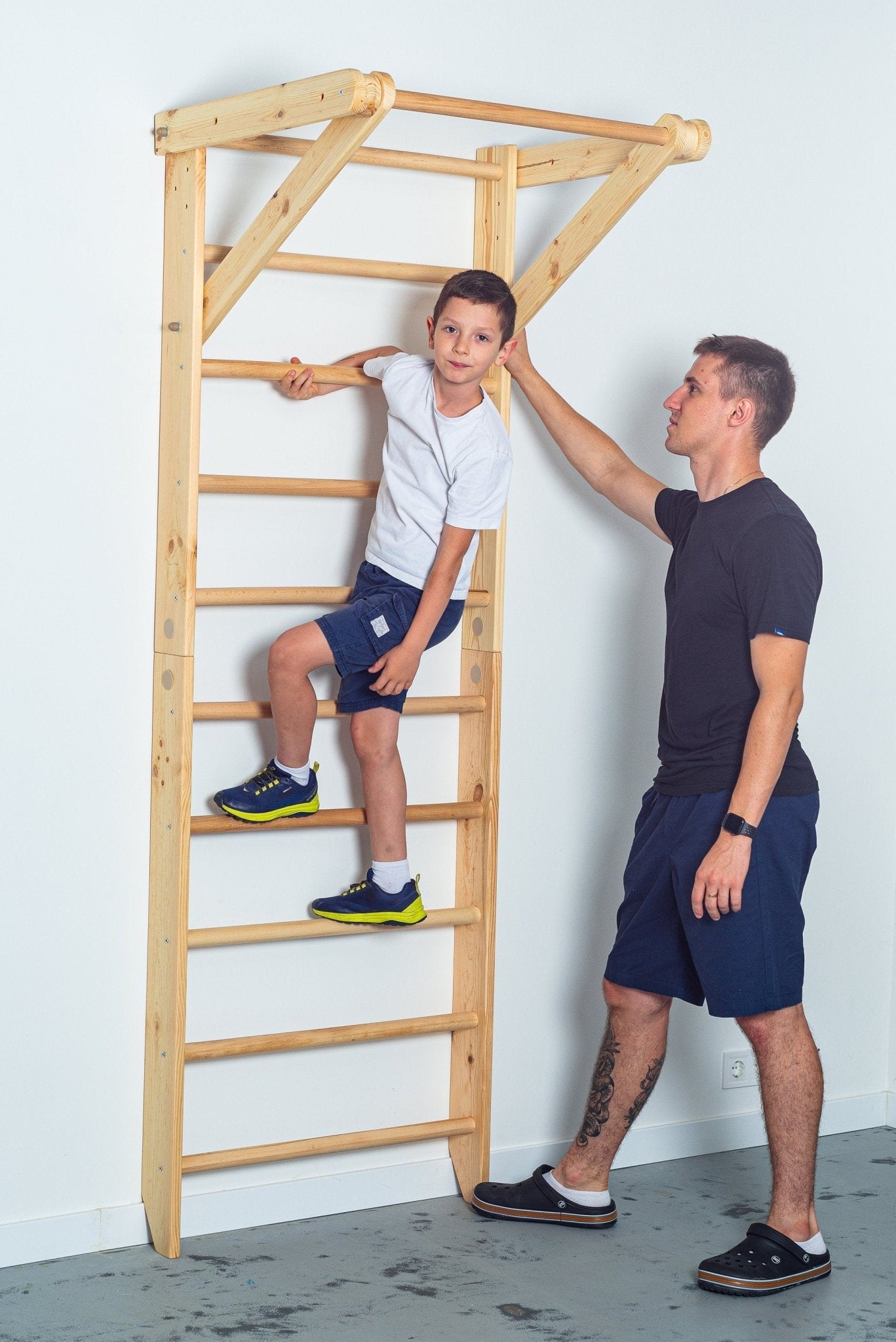 Wooden Ladder with fixed pull - up bar for kids and adults - Stall Bars for home exercises - CleverWood