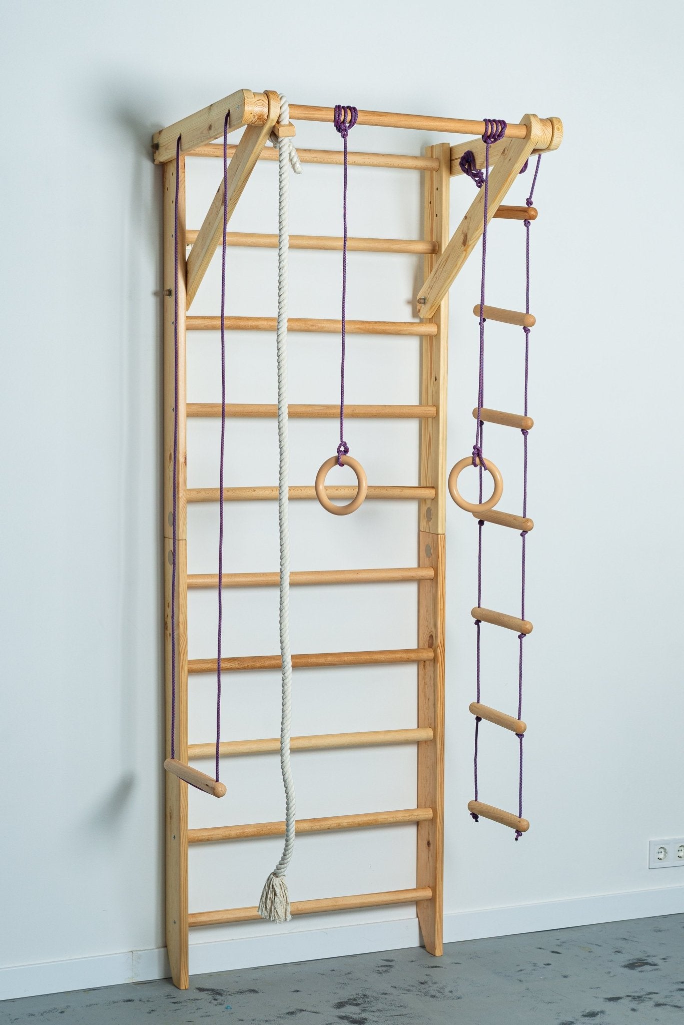 Wooden Wall stall bars with fixed pull up bar and rope attachments - CleverWood